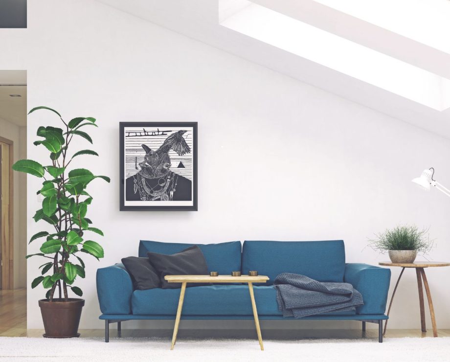 photo d'un intérieur design avec un canapé bleu et une table basse